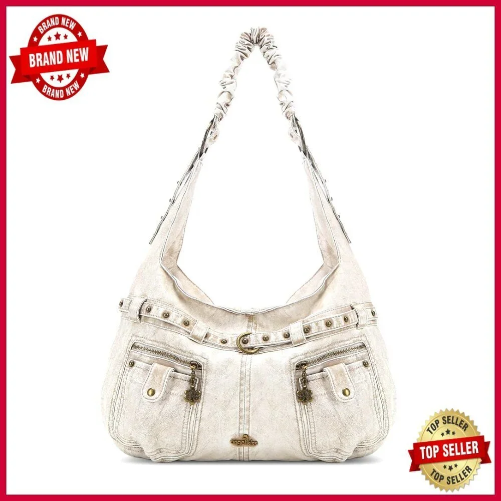 Large Vegan Leather Hobo Shoulder Bag with Studs and Multiple Pockets